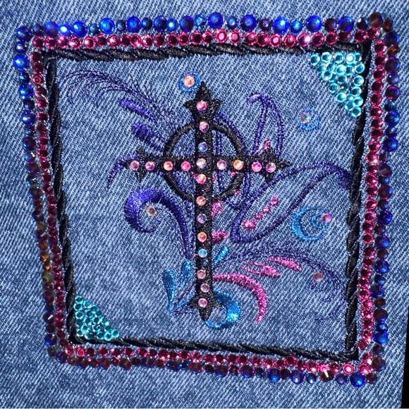 Cross Embroidered Crystal Embellished Jean Jacket - Picture 4 of 10